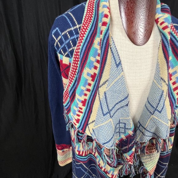 Wrangler Blanket Sweater Cardigan Southwest Geometric Plaid Design Fringe Sz LG - Picture 7 of 8